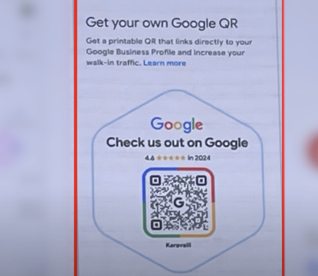 Screenshot of the "Get your own Google QR" screen within the Google Business Profile interface. It features a preview of the printable QR code, along with text explaining its benefits for driving walk-in traffic.